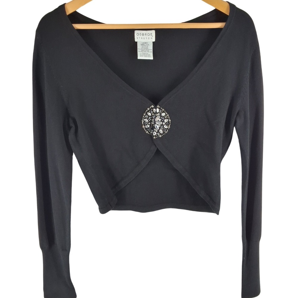 George Black‎ Cropped Cardigan Rhinestone Medallion Bolero Shrug Sweater S